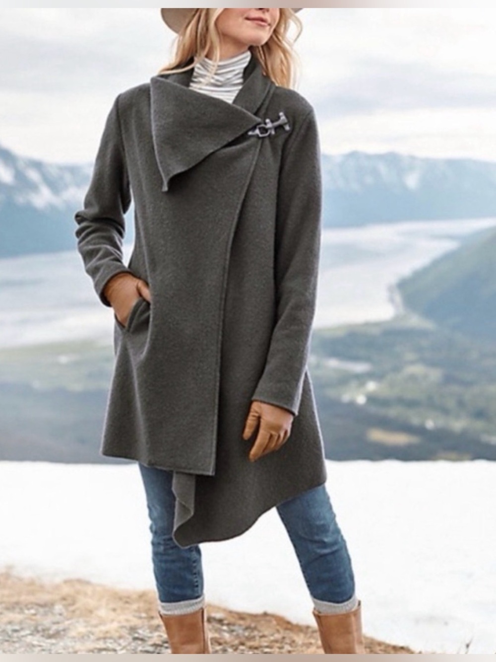 Garnet Hill Asymmetric Boiled Wool Wrap Coat - Charcoal Gray- Size 4